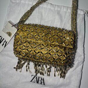 Zara Gold Gray Embellished Handbag